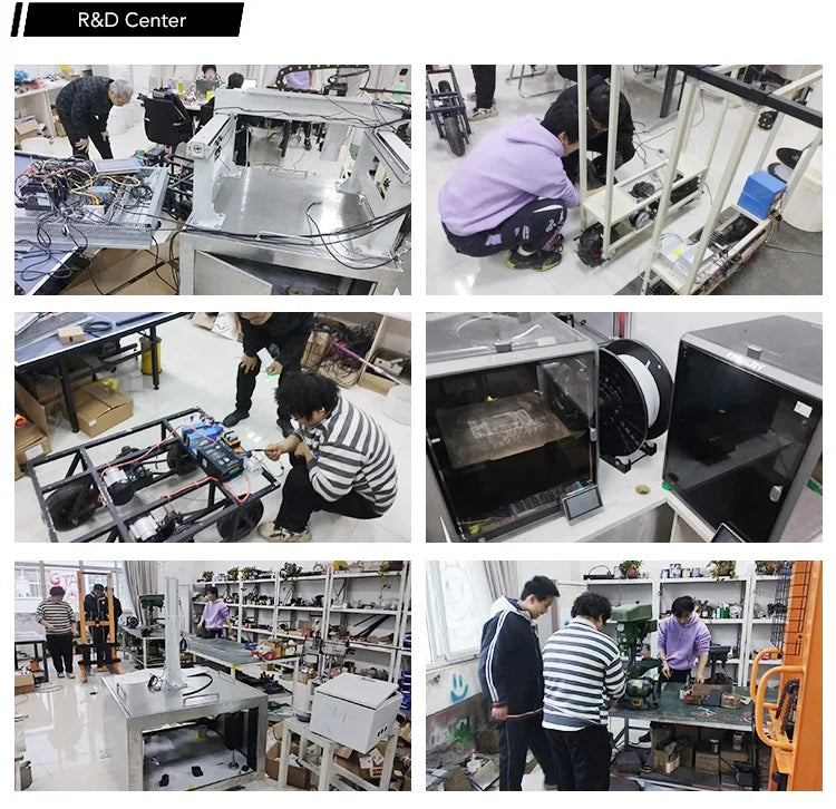 A six-panel collage showing an R&D center with multiple people working on electronic equipment, frames, and machinery in a workshop/lab environment.