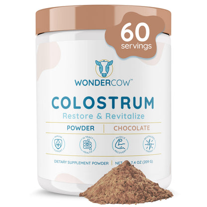 WONDERCOW Colostrum Supplement Powder for Gut Health Immune Support Muscle Recovery & Wellness | Natural IgG Pure Whole Bovine Colostrum Superfood Chocolate 60 Servings