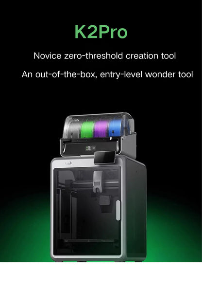 A 3D printer labeled K2Pro shown on a black background with green glow and marketing text. The printer has a dark gray and black body with a transparent front door and a colorful filament spool visible at the top.