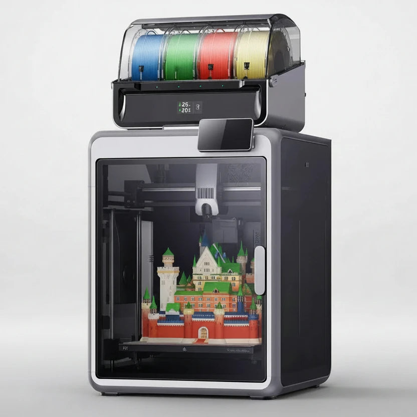 A desktop 3D printer with a black and silver chassis, a transparent glass front door, and a top-mounted filament spool tray holding multiple colors of filament. A small printed model is visible inside the enclosure.