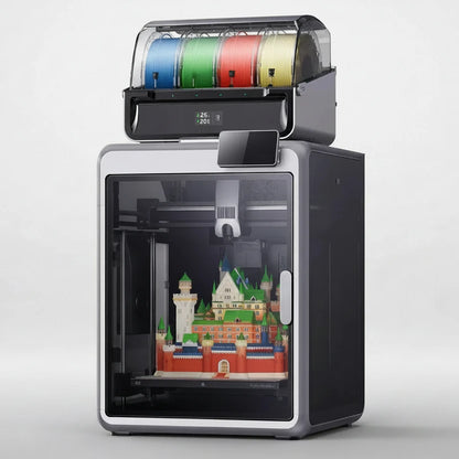 A desktop 3D printer with a black and silver chassis, a transparent glass front door, and a top-mounted filament spool tray holding multiple colors of filament. A small printed model is visible inside the enclosure.