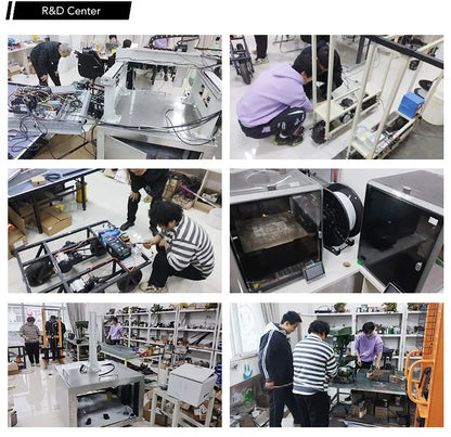 A six-panel collage showing an R&D center with multiple people working on electronic equipment, frames, and machinery in a workshop/lab environment.