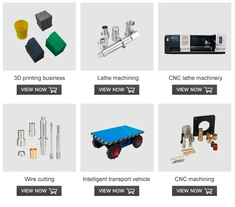 A promotional banner showing six industrial and manufacturing service categories under the heading 'PRODUCT CATEGORY'. The categories include 3D printing business, lathe machining, CNC lathe machinery, wire cutting, intelligent transport vehicle, and CNC machining, each with small illustrative product photos and 'VIEW NOW' buttons.