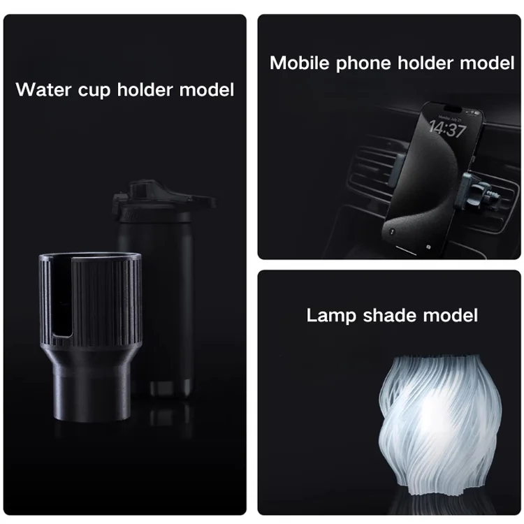 Three-panel product feature graphic on a black background showing a car accessory set: a water cup holder model, a mobile phone holder model with a phone inserted, and a lamp shade model with a glowing bulb.
