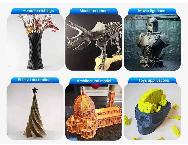A promotional collage showing six different 3D-printed model applications under the heading 'USAGE SCENARIOS' with the company name 'Henan Profit Intelligent Technology Co., Ltd.