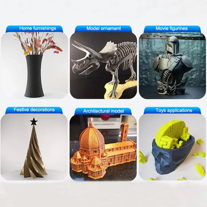 A collage showing six different 3D-printed projects and applications, including a black textured vase with dried flowers for home furnishings, a silver triceratops skeleton model for model ornaments, a dark armored knight bust for movie figurines, a gold Christmas tree decoration for festive decorations, an orange architectural model of a cathedral for architectural models, and a dark blue and yellow 3D-printed toy head for toys applications.