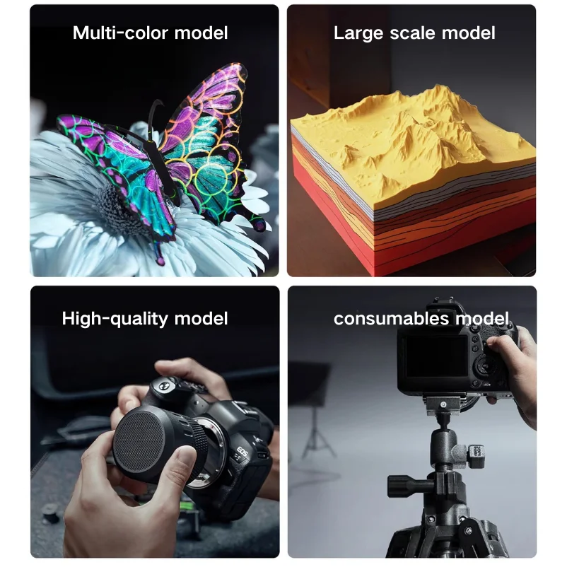 A four-panel marketing graphic with text labels: 'Multi-color model,' 'Large scale model,' 'High-quality model,' and 'consumables model.' The top-left panel shows a colorful butterfly on a flower; the top-right shows layered 3D terrain blocks in yellow, orange, red, and gray; the bottom-left shows hands holding a camera with a circular attachment; the bottom-right shows a camera mounted on a tripod.