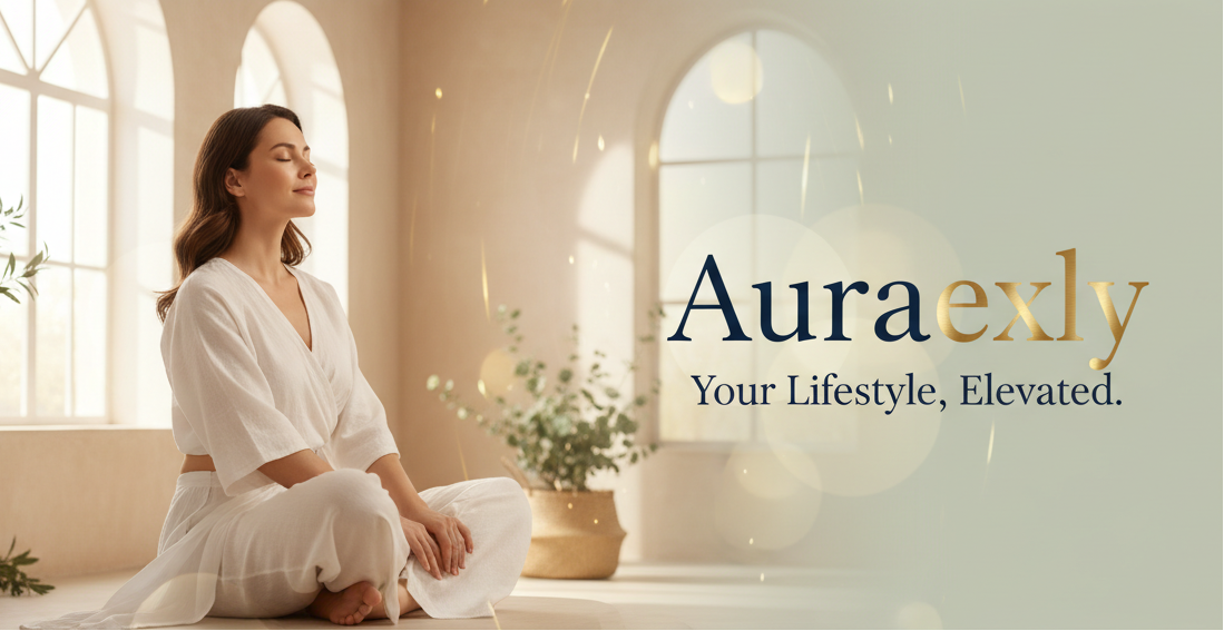 A woman in a white robe sits cross-legged in a bright, sunlit room with arched windows and plants. Large text on the right reads 'Auraexly' with the tagline 'Your Lifestyle, Elevated.