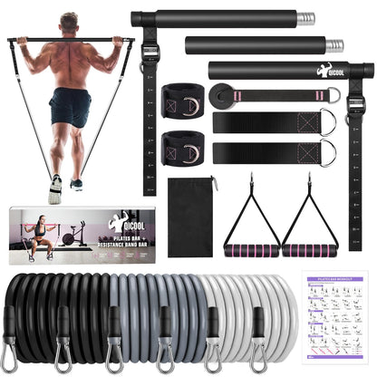 Pilates Bar Kit with Resistance BandsQicool Pilates Resistance Bands Exercise Fitness Equipment for Women & Men Home Gym Yoga Pilates (Black(20/30/50lbs))