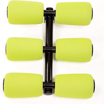 A black adjustable dumbbell with four bright lime green foam padding sleeves, shown on a plain white background.